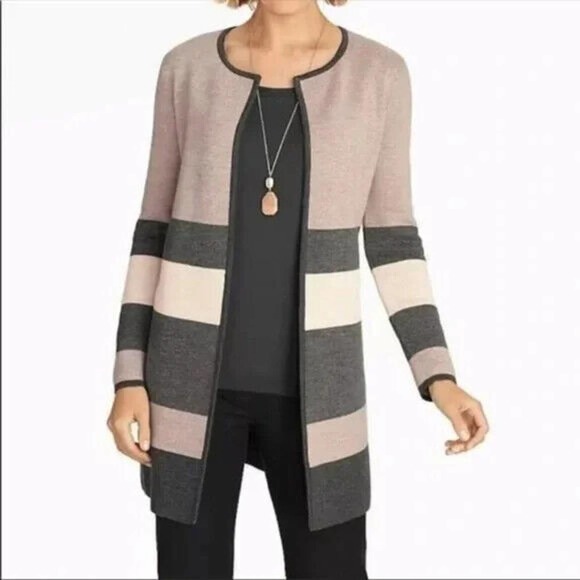 Talbots 100% Merino Wool Duster Cardigan Open Front Color Block Gray SZ M - Picture 11 of 11